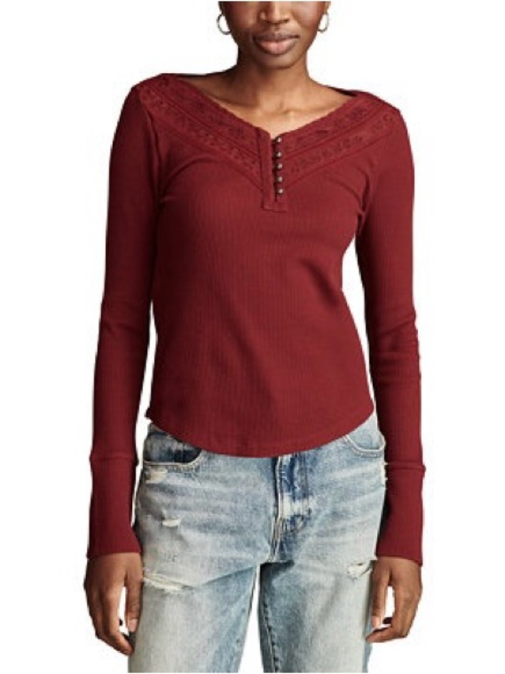 Lucky Brand Thermal Lace Trim Henley Top Pink S EUC Boho